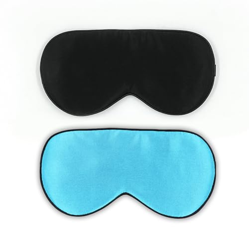 townssilk 2 x 100% Silk Sleep Mask with Adjustable Strap, Comfortable and Super Soft Eye Mask, 1 Black and 1 Ice Blue