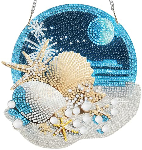 MISCER Maritim Diamond Art painting Anhänger Windspiel, Küstenbereich Diamond Painting Anhänger mit Kette für Kinder Erwachsene, Hängende Ornament Bastelset Set für Tür Garten Wand Deko