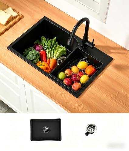 Granitdiskbänk Svart, 1 handfat Inbyggd diskbänk I 70 X 45 cm, Ersättningsinre diskbänk + avloppsanordning, Köksdiskbänk Lämplig för underskåp från 80 cm bredd