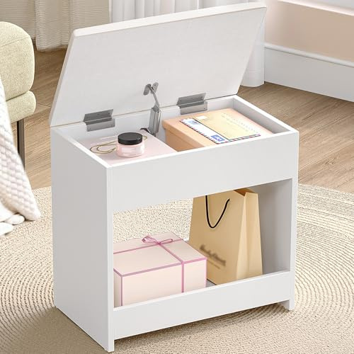 Hzuaneri Dressing Table Stool with Hidden Storage, Soft Padded Vanity Stool | Makeup Chair with Non-Slip Foot Pads for Dressing Room, Bottom Storage, Bedroom, Entryway, White VS32703X
