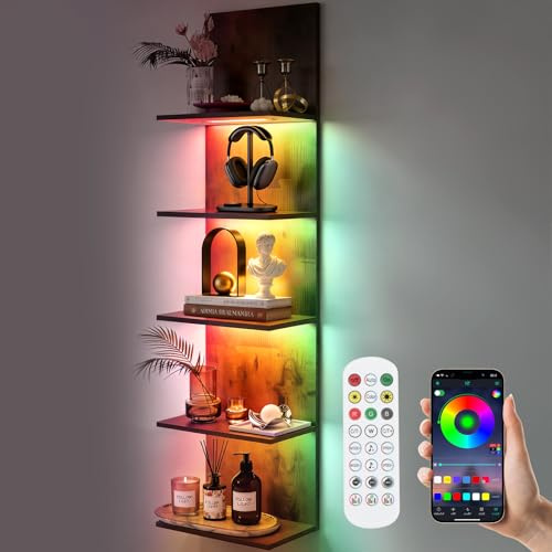 XIIW 5 Tier Wall Shelf Unit with RGB+IC Lights, Wall Mounted Bookcase, Lack Wall Shelf with APP and Remote Control, Vertical Floating Wall Units for Living Room, Bedroom, Home, Office Décor Organizer