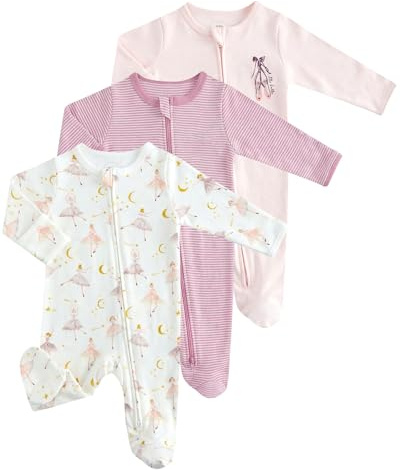 JiAmy Baby Schlafanzug Strampler 3er Pack Baumwolle, Unisex Baby Overall mit Reißverschluss, Fußteil und umklappbaren Fäustlingen für Neugeborene to 12Monate