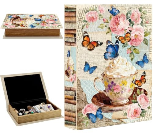 PRESSINART Faux Book Storage Box Floral 9.1 x 5.9 x 2 Inch Vintage Faux Book Boxes Butterfly Flower Teacup Decorative Storage Organizers for Jewelry Trinket Wedding Keepsake Photos Bookshelf Decor