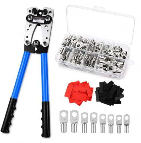 Set da 160 Pezzi, Pinza Crimpatrice Capicorda, Acciaio al Carbonio, Cavi 50 a Cinquanta MM Quadrati, Anelli in Rame e Guaine Termorestringenti, per Elettricisti e Fai da Te