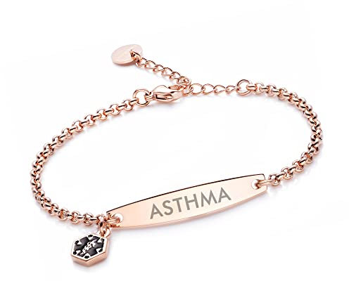 LinnaLove-Rose Gold Simple Rolo Chain Medical Alert Asthma Bracelet for Women-Asthma