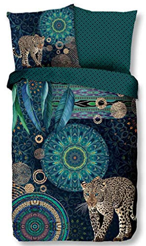 HIP Satin Wende-Bettwäsche IMENA 6675 Reine Baumwolle Federn Ornamente Mandalas Raubkatze Leopard auf dunklem Hintergrund Bettwäsche-Set zum Wohlfühlen 155 cm x 220 cm schwarz - smaragd