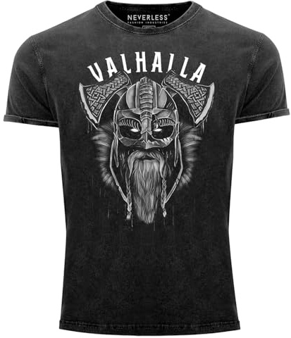 Neverless® Herren Vintage Shirt Valhalla Wikinger Helm Viking Odin Krieger Printshirt T-Shirt Aufdruck Used Look Slim Fit