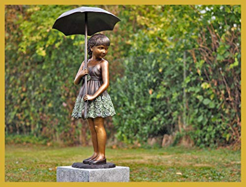IDYL Bronze-Skulptur Mädchen mit Schirm | 120x55x55 cm | Kinderfigur aus Bronze handgefertigt | Gartenskulptur oder Teich-Dekoration | Hochwertiges Kunsthandwerk | Wetterfest