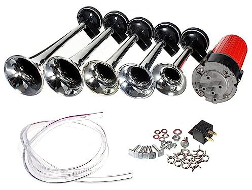 ePathChina Dixie Lufthupen-Set, 12 V, 125 dB, 5 leistungsstarke, super laute Trompeten mit Kompressor, für jedes 12-V-Fahrzeug, Auto, LKW, Boote, 5 Stück (Silber)