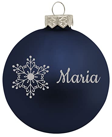 Weihnachtskugel mit Namen oder Wunschtext graviert, Ø 8cm, personalisierte Christbaumkugel aus Glas (matt), individueller Weihnachtsbaumschmuck mit Gravur, Schneeflocke-Motiv, Blau
