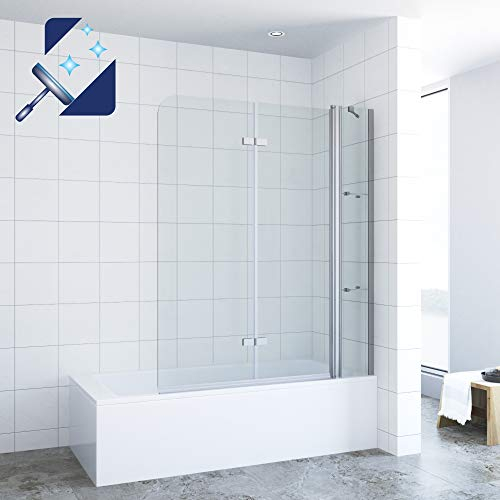 AQUABATOS® 130 x 140 cm Duschwand für Badewanne Badewannenfaltwand Badewannenaufsatz Duschabtrennung Faltwand mit Festteil aus 5 mm Einscheiben Sicherheitsglas Echtglas Nano Beschichtung