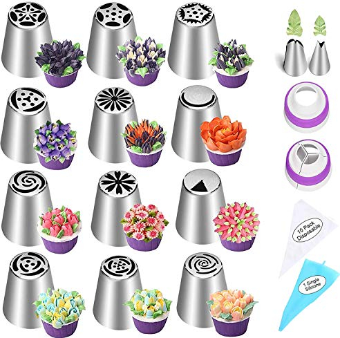 Tabiger Set di 27 beccucci russi per decorare torte, include 12 ugelli per glassare cupcake, erogatori per glassa, 2 accoppiatori, 11 sac à poche