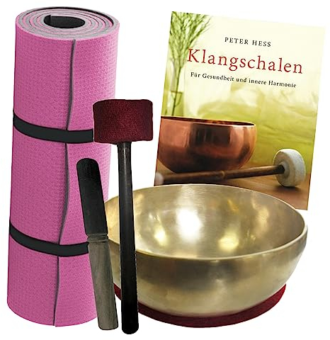 Therapie KLANGSCHALE 6-tlg KOMPLETT Set. GROSSE BECKENSCHALE ca. 2000-2200g Handarbeit Nepal + Fitnessmatte + Klöppel + Zubehör + Buch (Peter Hess) 70058