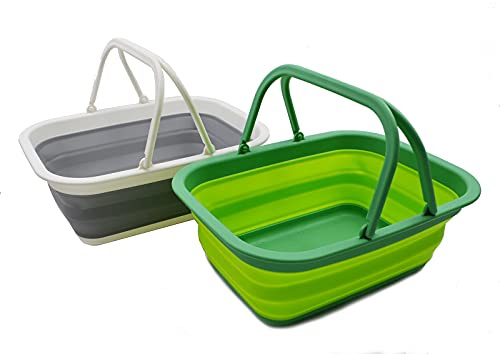 SAMMART 9.2L Collapsible Tub with Handle - Portable Outdoor Picnic Basket/Crater - Foldable Shopping Bag - Space Saving Storage Container (Grey & Fluorescent Green, 2)