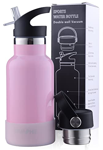 Sivaphe Water Bottle Stainless Steel Kids Insulated with Straw 350ml Drink Flasks Leak-Proof for Sports Outdoor, Double Walled Vacuum with Lids Pink