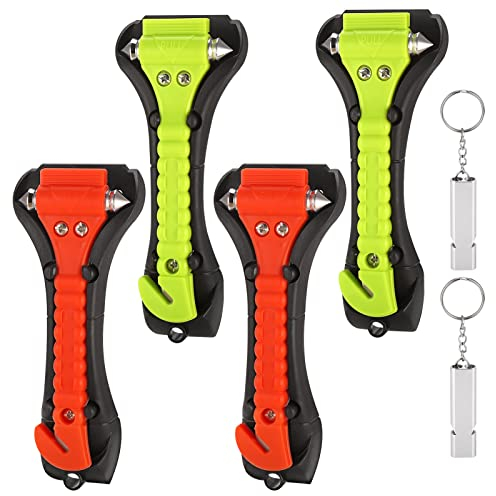 Fentar 4 pcs Martillo Rompe Cristales Coche y Cortador de Cinturón de Seguridad, 2en 1 Kit Emergencia Coche con 2 Silbato Silbato, Martillo de Emergencia, para Romper la Ventana, Cortar el Cinturón
