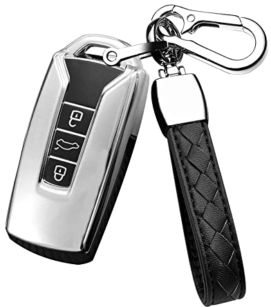 HIBEYO Smartkry Autoschlüssel Hülle passt für VW Touareg Schlüsselhülle Silikon Schlüsselschutz für VW Touareg 2018 2019 2020 2021 2022 Fernbedienung Schlüsselbox Schlüssel Tasche 3-Tasten-Silber