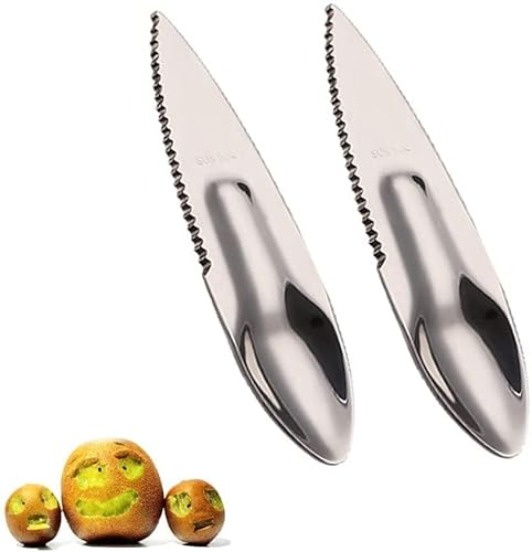 Norhogo 2 Stück Schneidlöffel,2 in 1 wiederverwendbarer Obst Schneidlöffel,Edelstahl Kiwi Cutter Gemüse Slicer für Äpfel Grapefruits Papaya Orangen, Silber