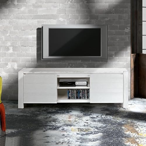 MAR.C.A DESIGN TV-Schrank für Wohnzimmer, modern, aus gebürsteter weißer Fichte, mit 2 Regalfächern, Maße 165 x 45 cm und Höhe 55 cm