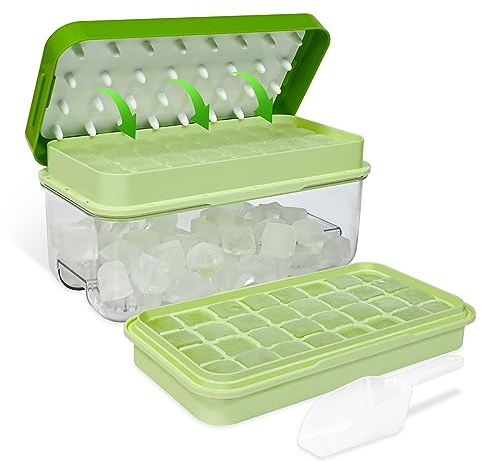 Bandejas de hielo para congelador con tapa y contenedor, bandeja de cubitos de hielo para hacer 64 cubitos de hielo, 2 bandejas, 1 cubo de hielo y cuchara (verde)