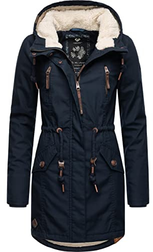 Ragwear Damen Mantel Lange warme Winterjacke mit Teddyfell-Kapuze Elsie Intl Navy22 Gr. 4XL