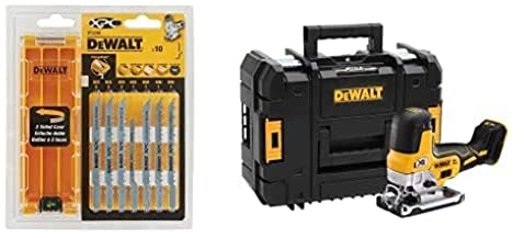 DEWALT Coffret plastique de 10 lames XPC HCS BIM Spéciale Bois DT2296-QZ + DEWALT - Scie Sauteuse à Prise par le Corps Brushless XR 18V - DCS335NT-XJ - Scie sans Fil avec Coffret TSTAK