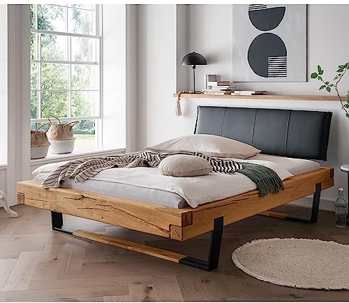 Lomadox Doppelbett Ehebett Bett Echtholz Massivholz, 140x200 cm, Eiche massiv, schwarzes Echtleder-Kopfteil, Schwarze Metallkufen mit Massivholzeinsatz, B/H/T ca. 158/88/228 cm