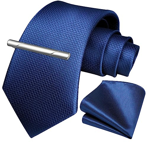 HISDERN Herren Krawatte Hochzeit Blau Krawatten Taschentuch krawattenklammer Set Elegant Klassisch Krawatte & Einstecktuch Set