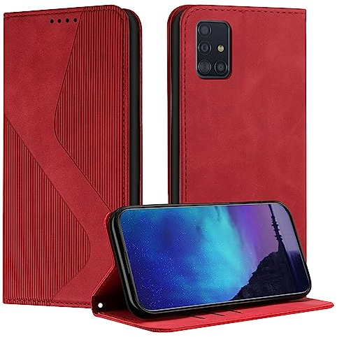 Fatcatparadise Kompatibel mit Samsung Galaxy A51 4G/M40S Hülle, Handyhülle für Samsung A51 4G/M40S, PU Leder Flip Klappbare Wallet Magnet Case Handytasche Klapphülle Schutzhülle Hülle Holster (Rot)