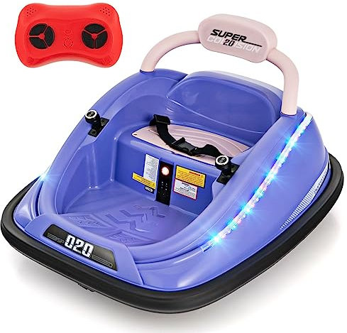 COSTWAY 12V Kids Bumper Car, 360-Degree Rotation Spin Children's Waltzer Cars with Dual Joysticks, Remote Control, Colorful Flashing Lights and Music, Battery Powered Ride on Vehicle for 3+ (Purple)