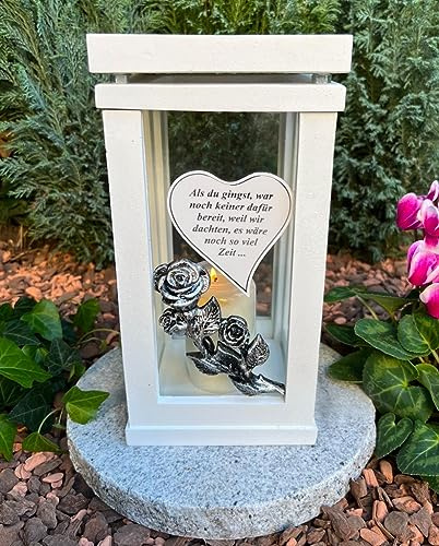 Grablampe Grablicht Laterne in Weiss mit Rose und Herz mit Text - Kerze Grabkerze Grabdekoration 27 cm H. Grabschmuck Neue Model ohne Sockel.
