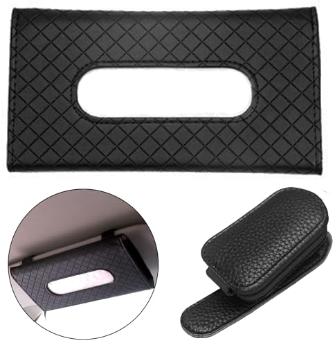 CNYMANY 2 pcs Sunglasses Holder and Tissue Holder for Car Visor, Leather Sunglasses Clip Eyeglass Holder Ticket Card Clip, Sun Visor Backseat Tissue Case for Car Truck Universal Auto