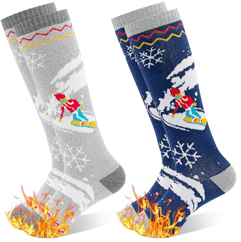 GRPSKCOS Kids Ski Socks, 2 Pairs Warm Thick Thermal Snowboard Skating Socks for Boys Toddler 3-12 Years(Navy + grey- 2 Pairs, 7-12 Years)