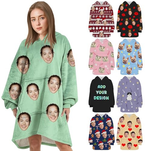 Tredane Hoodie Decke Personalisierte Kuschelpullover Damen Männer Gestaltet Ihr eigenes Foto Text Gesicht Kuschelpullover mit Tasche