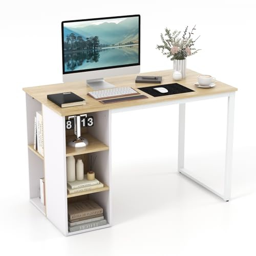 GIANTEX Escritorio de Ordenador con Almacenamiento, Mesa de Estudio con 5 Compartimentos Abiertos y Marco de Metal, Moderno de Trabajo en Casa (Natural)