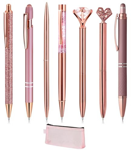 VEGCOO 7 PCS Crystal Diamond Pens, Bling Diamond Pens + Mesh Stationery Bag, Rose Gold Metal Ballpoint Pen, Stationery for School Office Gift