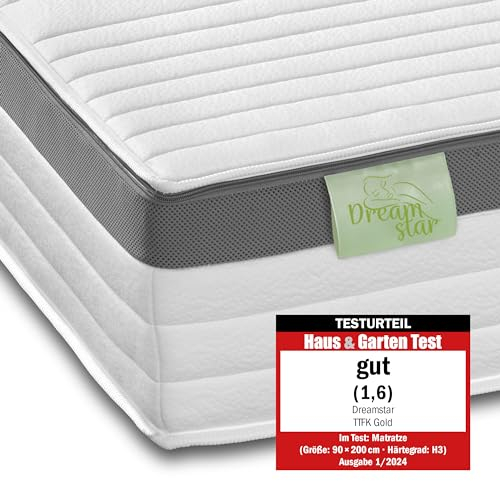 DREAMSTAR Gold Taschenfederkernmatratze I ergonomische 7-Zonen Tonnentaschenfederkernmatratze I 21 cm hoch I Öko-Tex Zertifiziert I Härtegrad 4 (H4) I Matratze I 90 x 200 cm