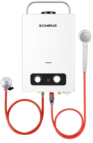 Chauffe-eau à Gaz 6 Litres, CAMPLUX BD158 Chauffe-eau Instantané au GPL avec Poignée, Butane (28-30mbar)/ Propane (37mbar), pour Douche de Camping/Caravane/Cheval de Lavage