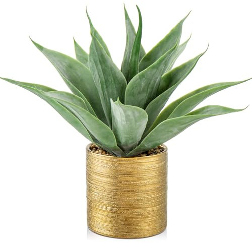 Hollyone 13 Artificial Aloe Fake Potted Plant, Faux Aloe in Brushed Gold Pot Decorative Artificial Succulent for Home Decor, Living Room, Kitchen, Office Desk, Table, Bathroom Decorations