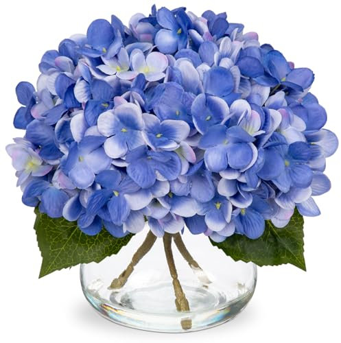 Oairse Hydrangea Artificial Flowers with Vase Silk Faux Hydrangea Flower in Glass Vase with Faux Water Flower Blue Fake Flora Arrangement for Home Office Living Room Wedding Table Centerpiece Decor