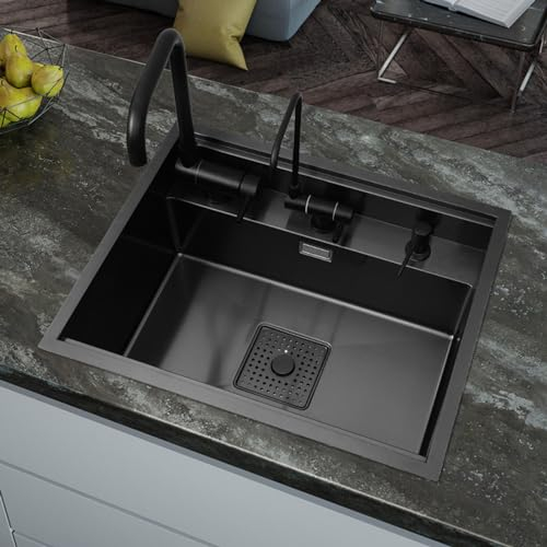 Evier Cuisine Noir 1 Bac Lavabo Camping Car, Invisible Evier avec Robinet Rabattable Jeu Complet D'Accessoires,550 * 450mm