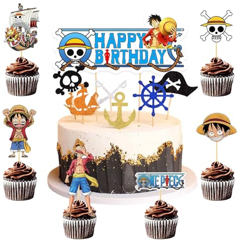 Ctxtqtdt 25 Stück One Piec Tortendeko Jungen, One Piec Kuchen Deko Kindergeburtstag, Cake Topper Set, Happy Birthday Topper für Kinder Geburtstag Party Kuchen Dekoration Supplies (A)