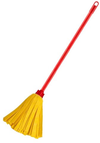 HOMESHOPA Floor Cleaning Mop, Yellow Synthetic Cloth Strips Replacement Head & Red Long Handle, Washable & Highly Absorbent Yellow Stripes and Red Handle, Universal Fit