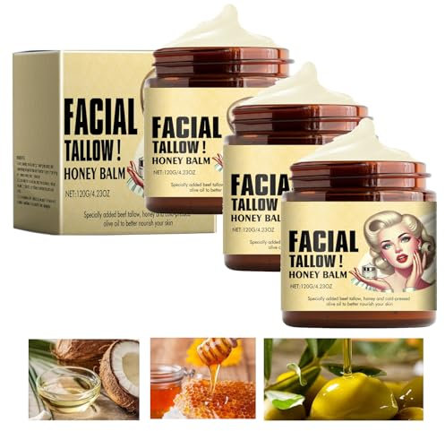 3 Stück Beef Tallow Honig Feuchtigkeitscreme Skincare,120g Tallow Bio for Skin Care,Talg Körperbalsam,Rindertalg Creme Balm,Tallow aus Grass Fed Raw Wild Honey für Gesicht,Körper Feuchtigkeit