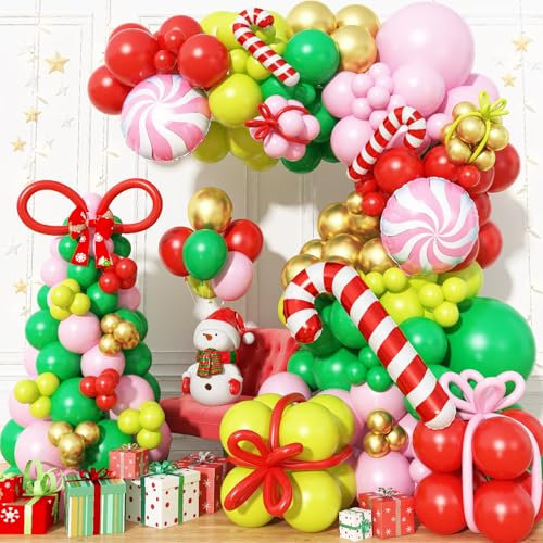 Guirnalda decorativa de Navidad, globos de Navidad, guirnalda de globos rojos, verdes, rosados, dorados, globos de Navidad con coloridos globos largos, bastones de caramelo, globos de papel de