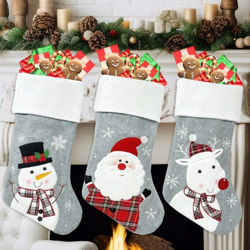 45CM Nikolausstrumpf Extra Groß, Shyllin Weihnachtsstrumpf Personalisiert Grau Weis 3er Set, Weihnachtssocken Kamin, für Weihnachtsbaum, Geschenksocken, Weihnachtsdekoration, Wand, Treppe