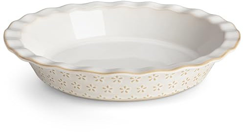 MALACASA 9 Inch Ceramic Pie Dish for Baking with Unique Kiln-Fired Glaze, Non-Stick Fluted Tart Pan, Flower Embossed Edge, 45oz, Perfect for Pies, Quiches, Tarts & Desserts, (Series Lydia, 1PC)