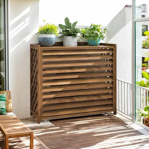 Madera Cubre Aire Acondicionado Exterior Valla Ocultacion Protector Aire Acondicionado Exterior Funda Aire Acondicionado Grande Marrón Cubre Aire Acondicionado Madera Estanteria Para Plantas Balcon(10