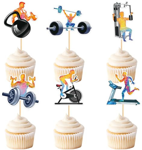 Blumomon 30Pcs Gym Themed Cupcake Toppers Weightlifting, Running, Dumbbell Riding, Cake Decorations Fitness Parties, Fitness Themed Birthday Party Supplies