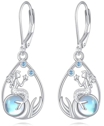 Meerjungfrau Ohrringe S925 Sterling Silber Mondstein Meerjungfrau Hänge Ohrringe Meerjungfrau Tropfen Ohrringe Hängender Ozean Schmuck Geschenke für Damen Frauen Liebhaberinnen